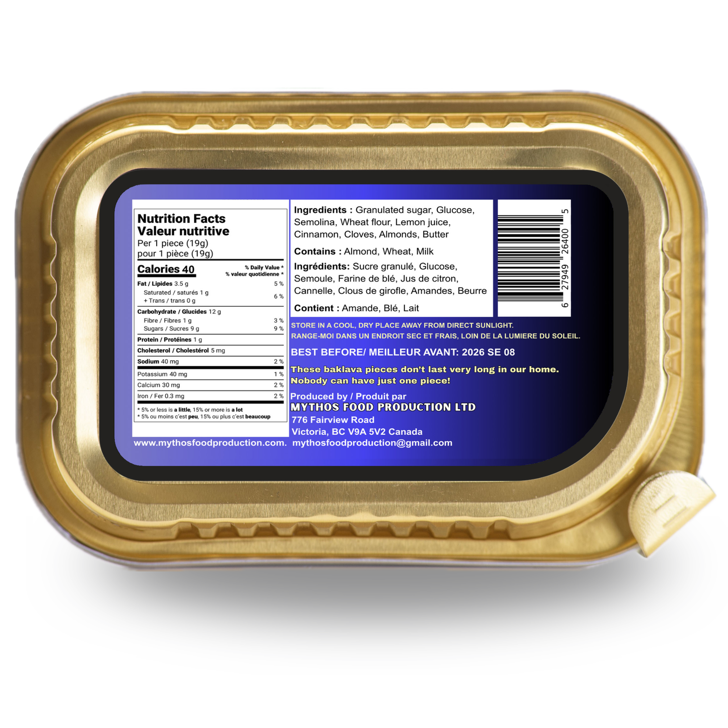 Gold container with a nutrition label on a white background. Mythos baklava