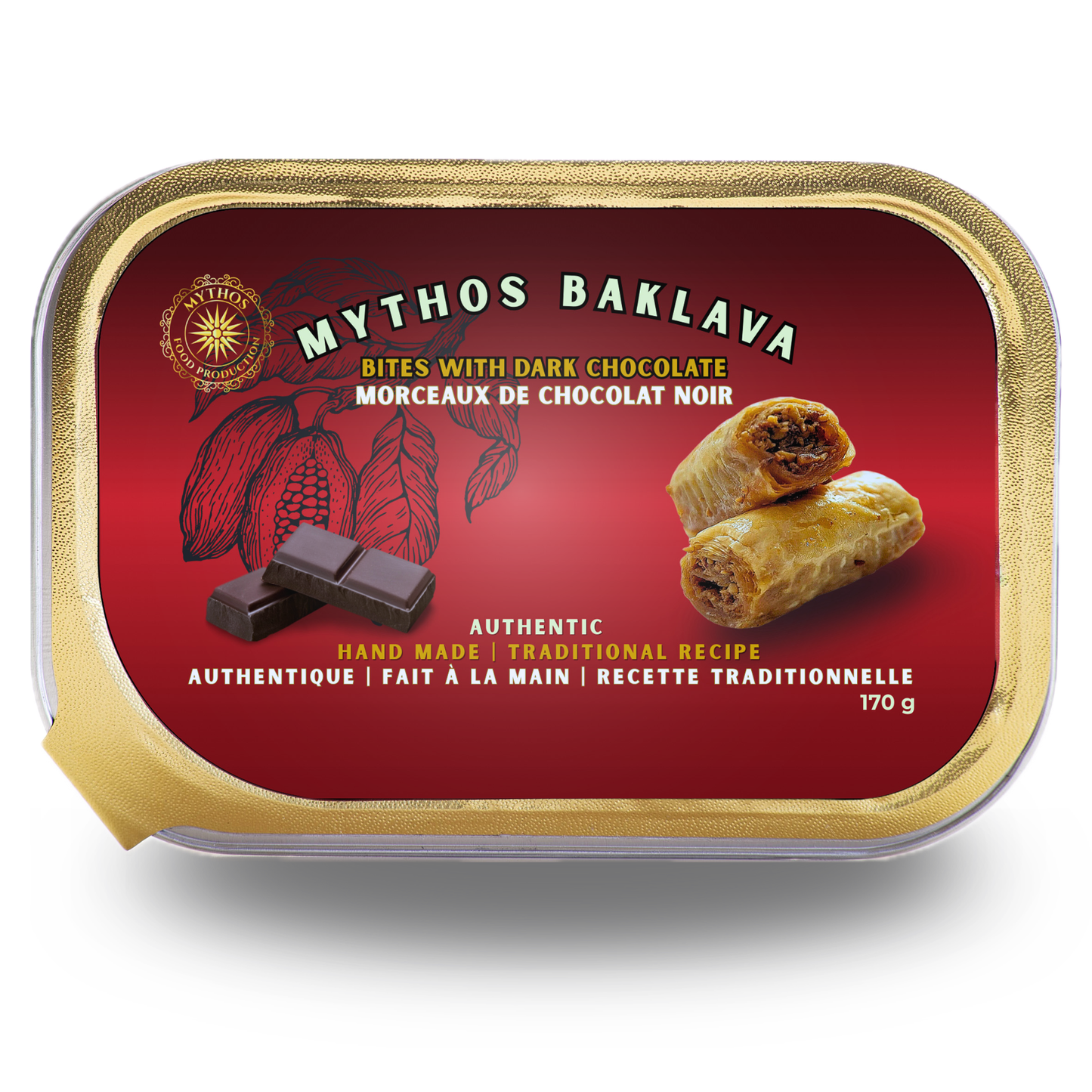 Mythos Food Production Authentic Dark Chocolate baklava. Made in Canada