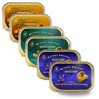 Set of Mythos Baklava packaging on a white background