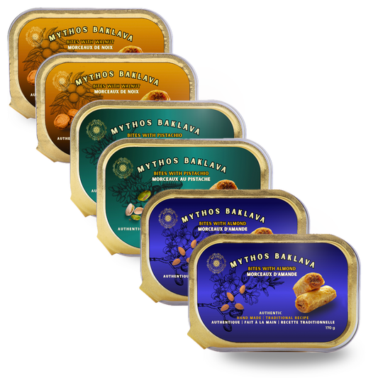 Set of Mythos Baklava packaging on a white background