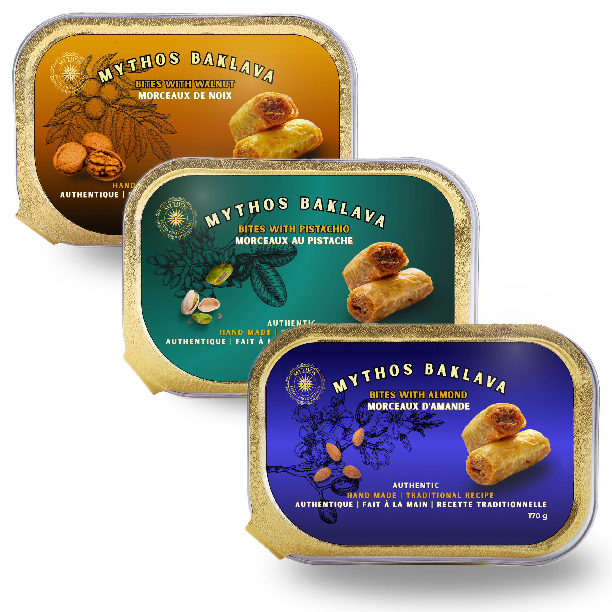 Three tins of Mythos Baklava with different flavor labels on a white background