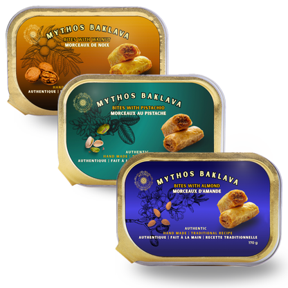 Three tins of Mythos Baklava with different flavor labels on a white background