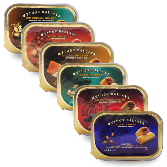 Six different flavours of Mythos Organic Baklava, variety set made in Canada, online sale