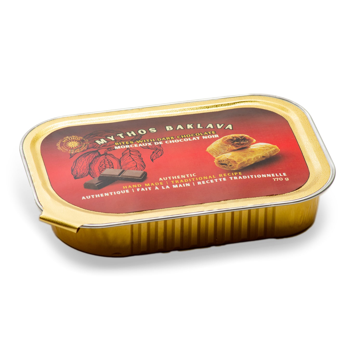 Packaged Mythos Baklava with gold lid on a white background