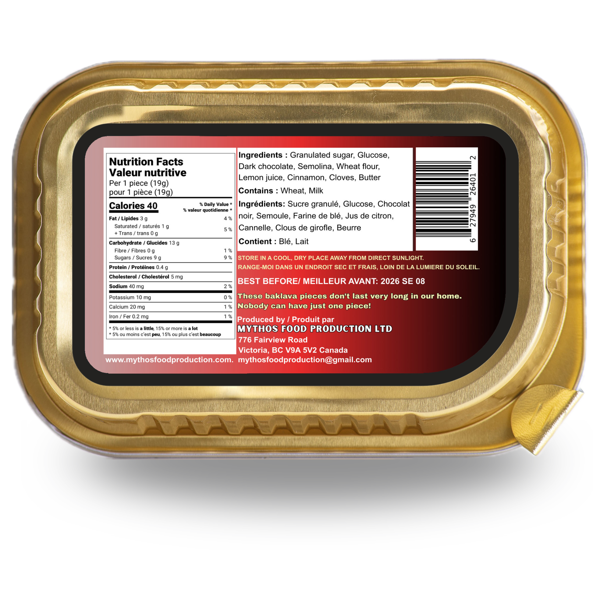 Baklava Gold container with a nutrition facts label on a white background