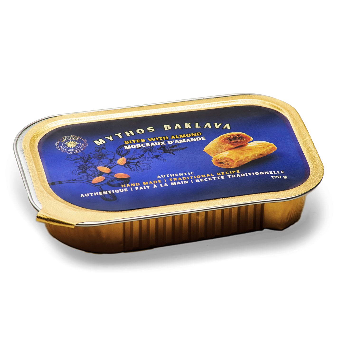 Mythos almond baklava with blue label, in a container. Online sale
