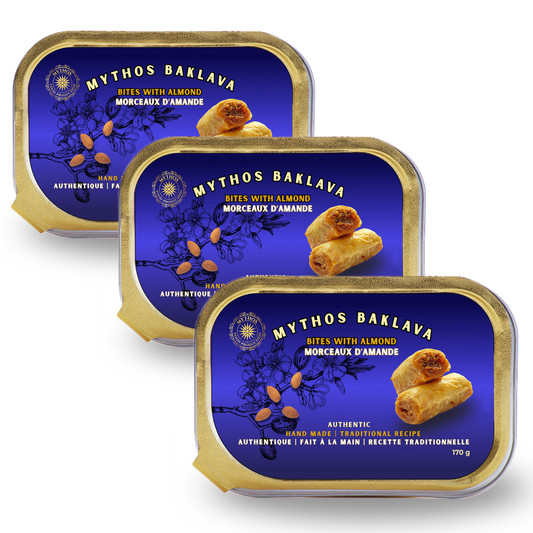 Three packages of Mythos Baklava with blue labels and gold accents on a white background.