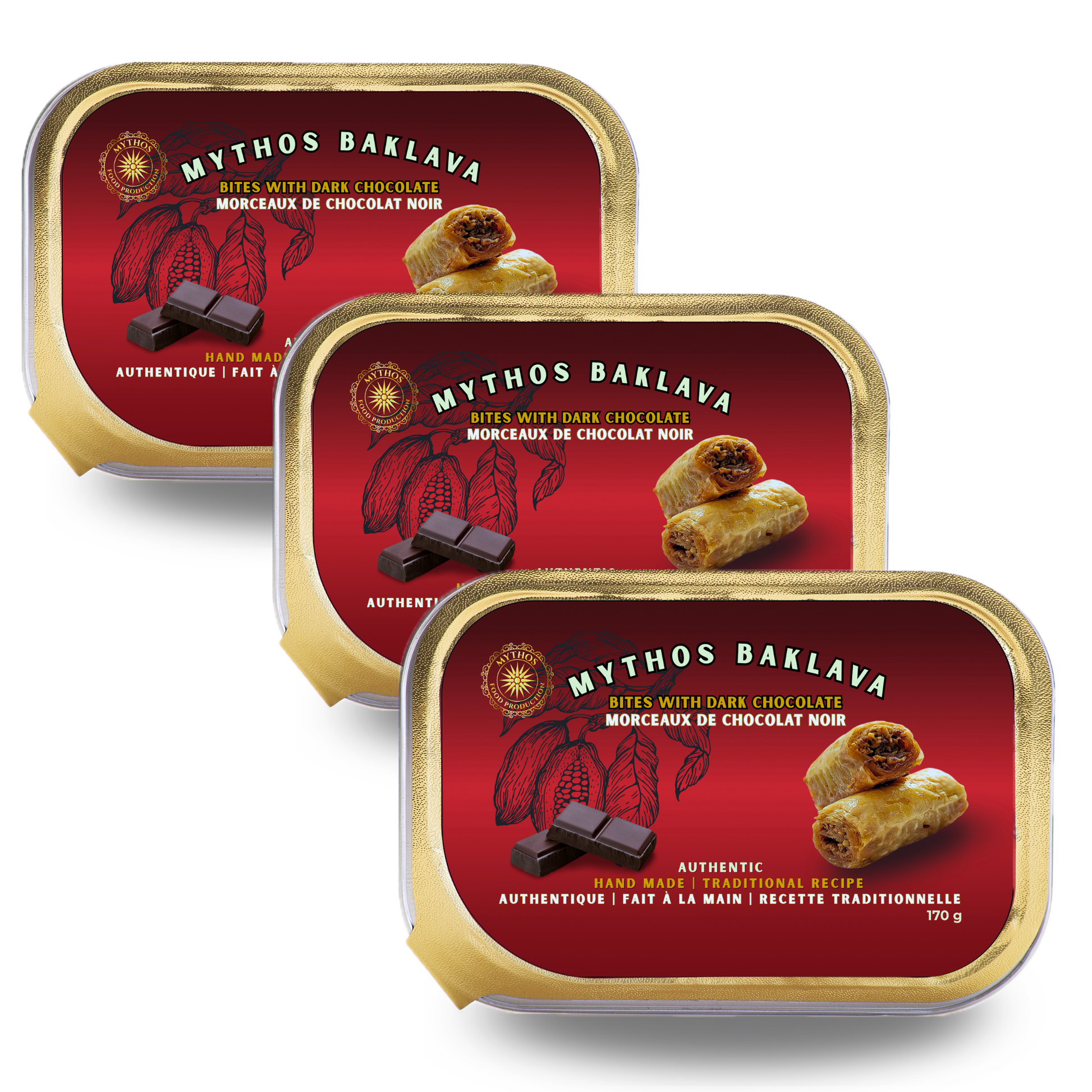 Three tins of Mythos Baklava with red labels and gold borders on a white background. Dark Chocolate flavor