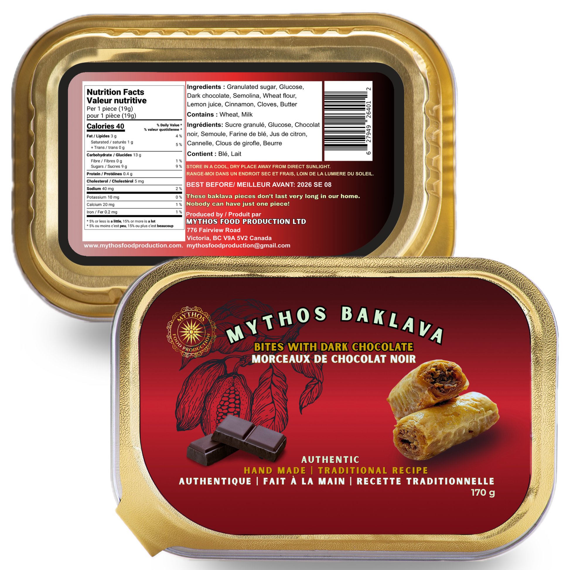 Mythos Baklava packaging with a red label and gold border on a white background