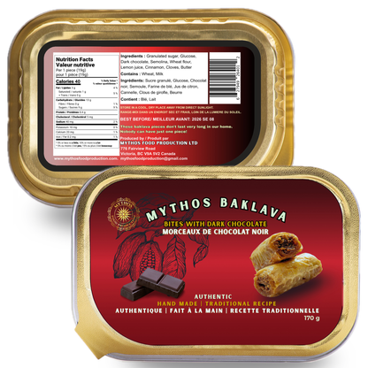 Mythos Baklava packaging with a red label and gold border on a white background