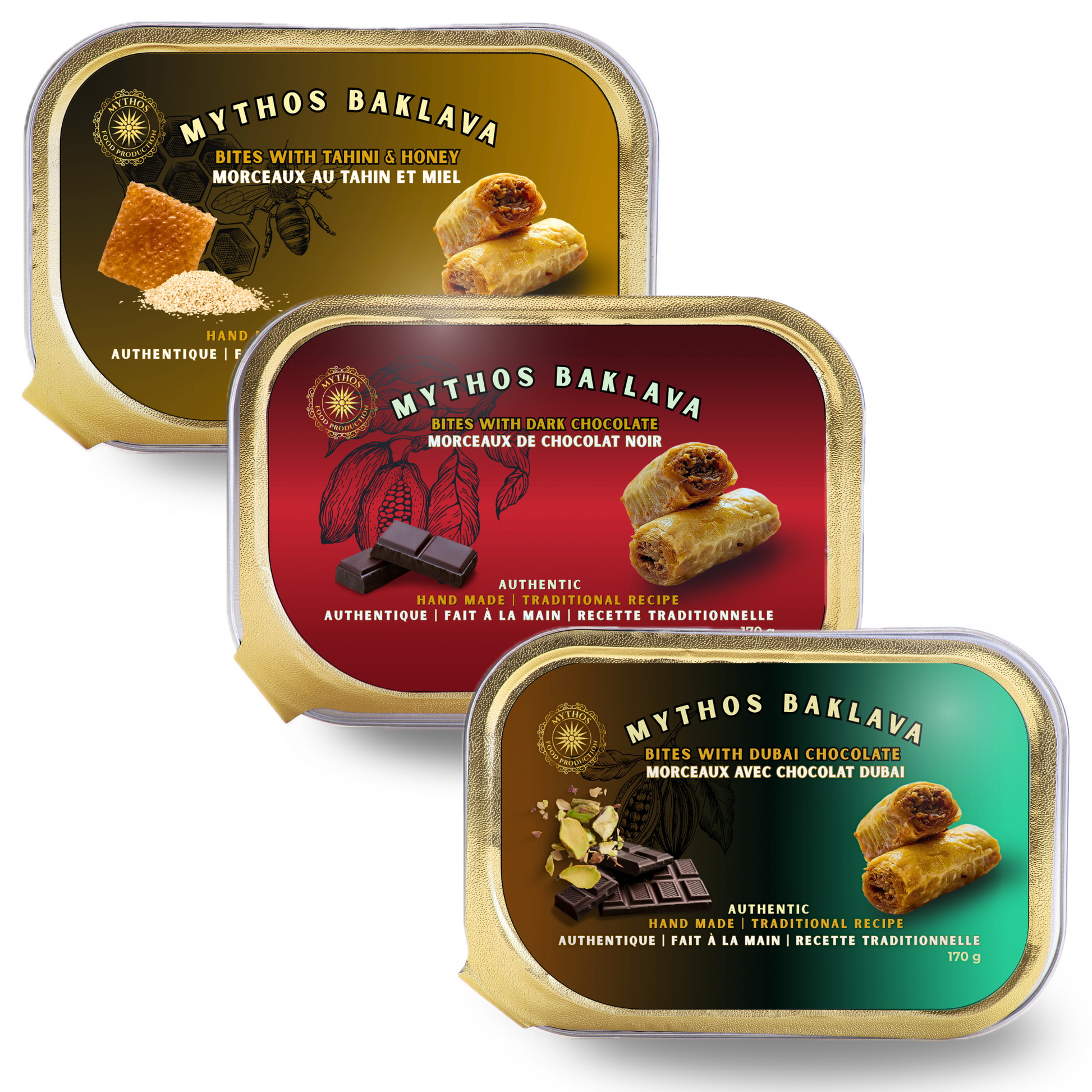 Three containers of Mythos Baklava with different flavor labels on a white background. Made in Canada