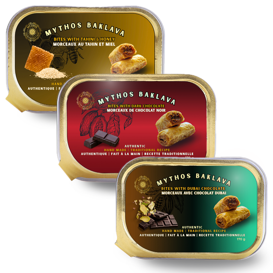 Three containers of Mythos Baklava with different flavor labels on a white background. Made in Canada