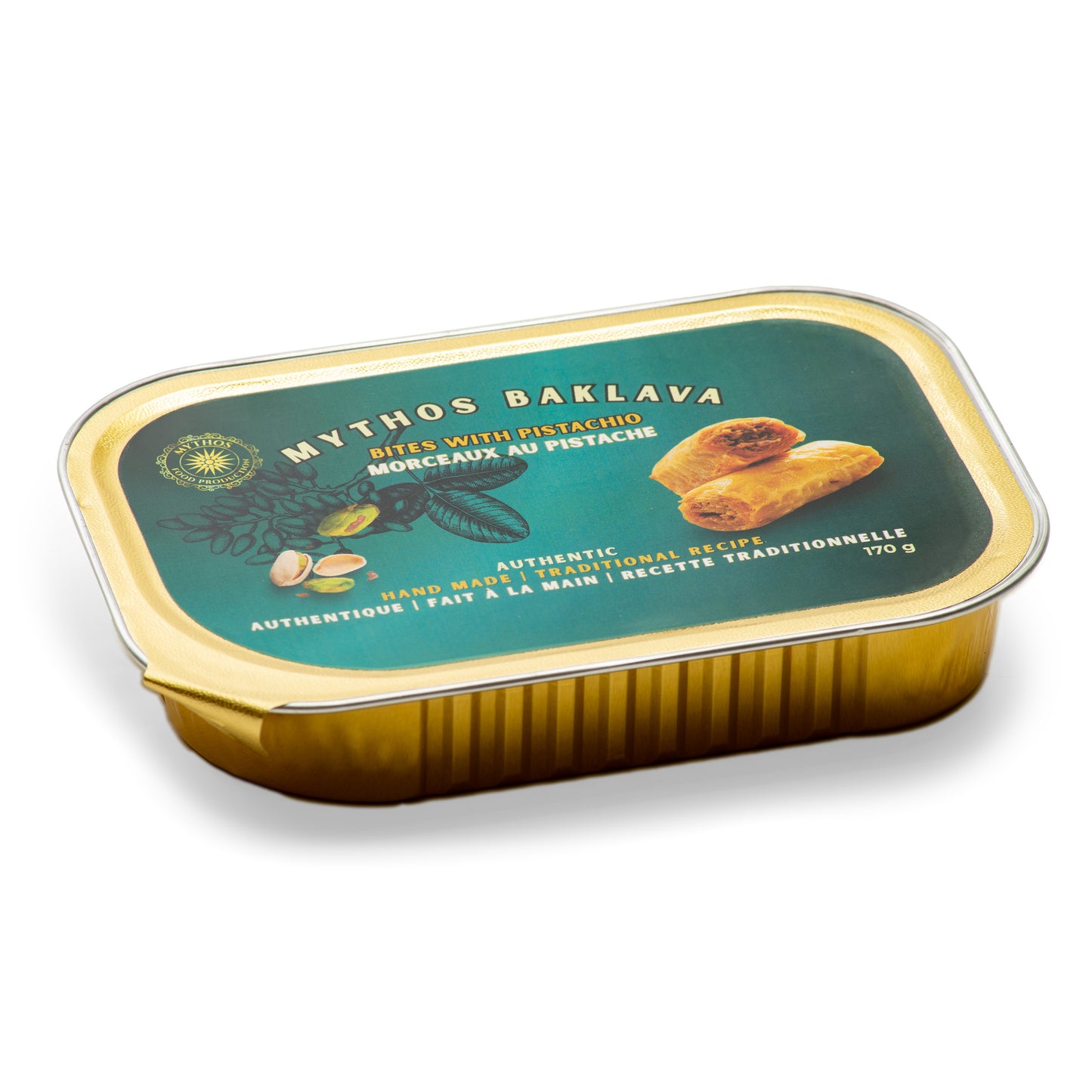 Baklava packaging with green label and gold accents on a white background