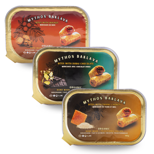 Mythos Organic Baklava trio of Dubai Chocolate, Walnut, and Tahini & Honey