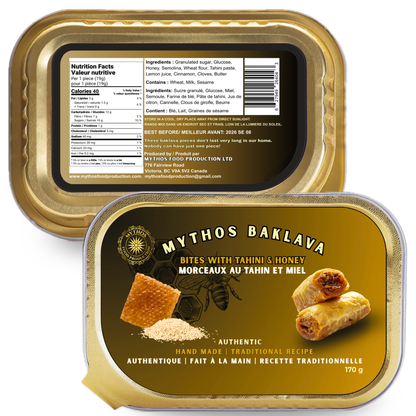 Gold packaging of Mythos Baklava with nutritional information label on a white background