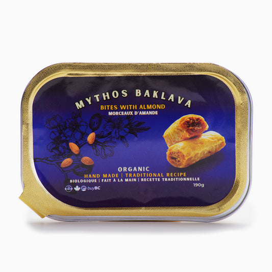 Packaged organic baklava with almond flavour