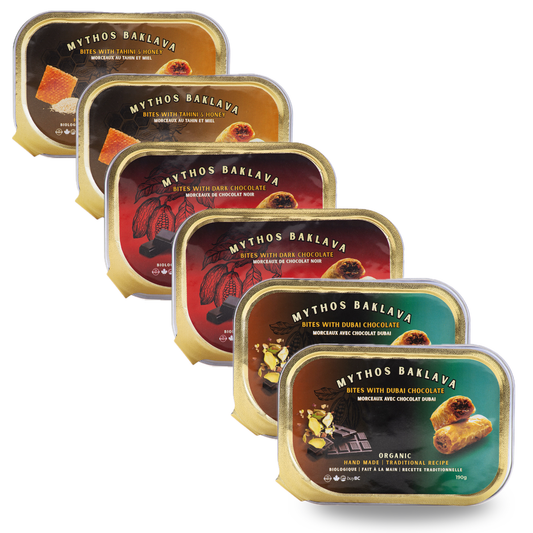 Mythos Organic Baklava Set with Dubai Chocolate, Dark Chocolate, Tahini & Honey. Made in Canada. Buy now online