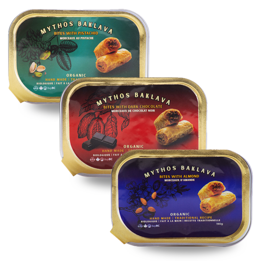 Mythos Organic Almond, Dark Chocolate, and Pistachio Baklava, made in Canada, online sale of best sellers
