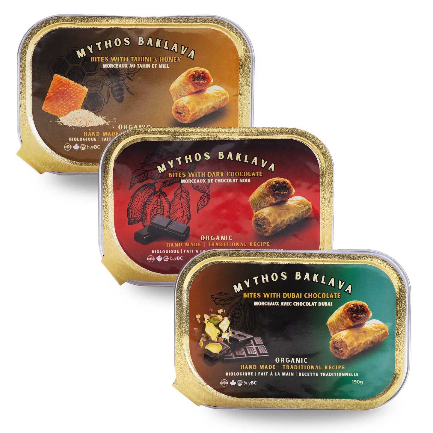 Mythos Organic Baklava Collection with Dubai Chocolate, Dark Chocolate, and Tahini & Honey. Made in Canada. Buy now online