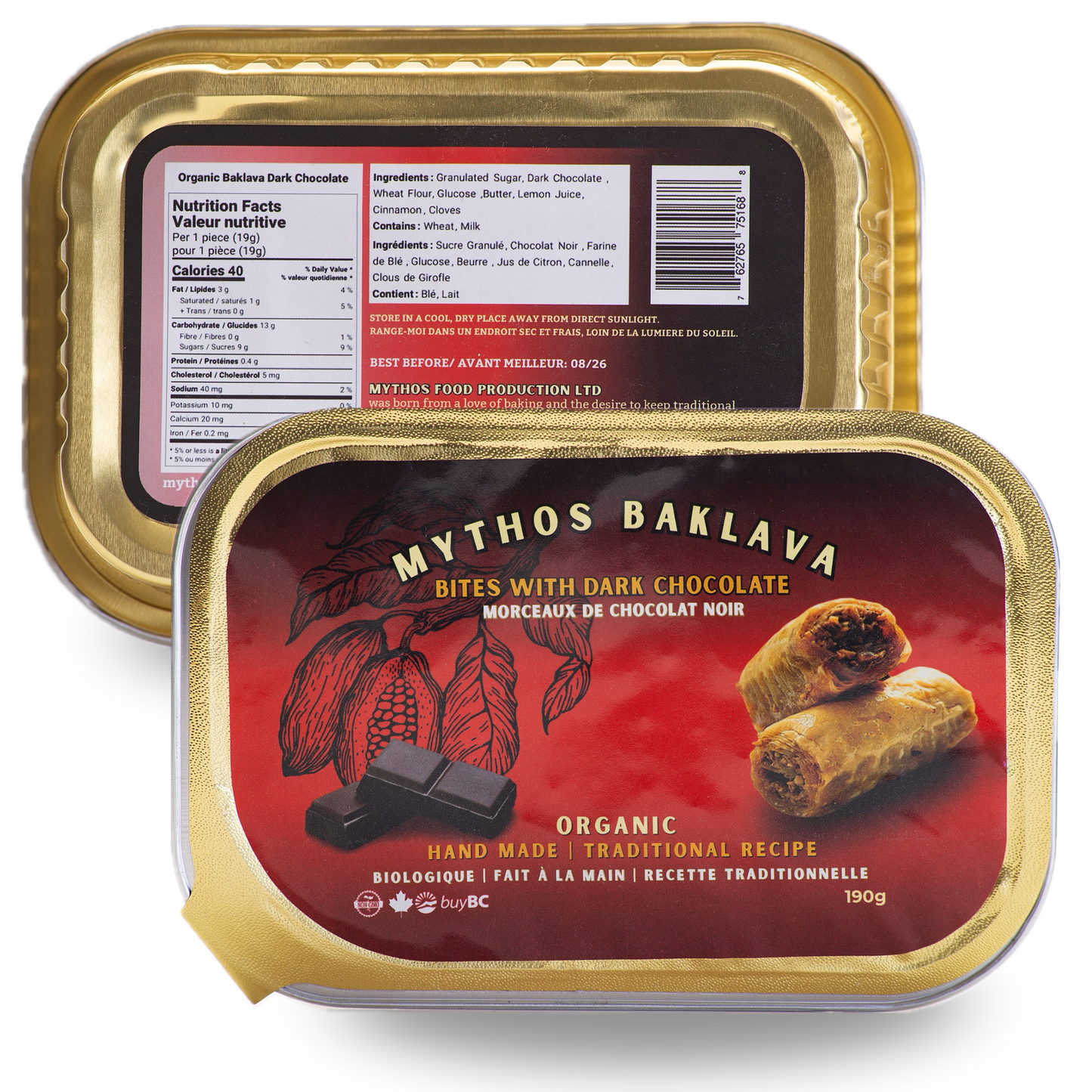 Mythos Organic Dark Chocolate Baklava bites, made in Canada