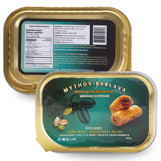 Mythos Organic Pistachio Baklava made in Canada. Buy now online