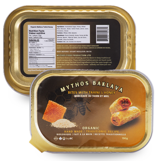 Mythos Organic Tahini & Honey Baklava, made in Canada. Buy now online