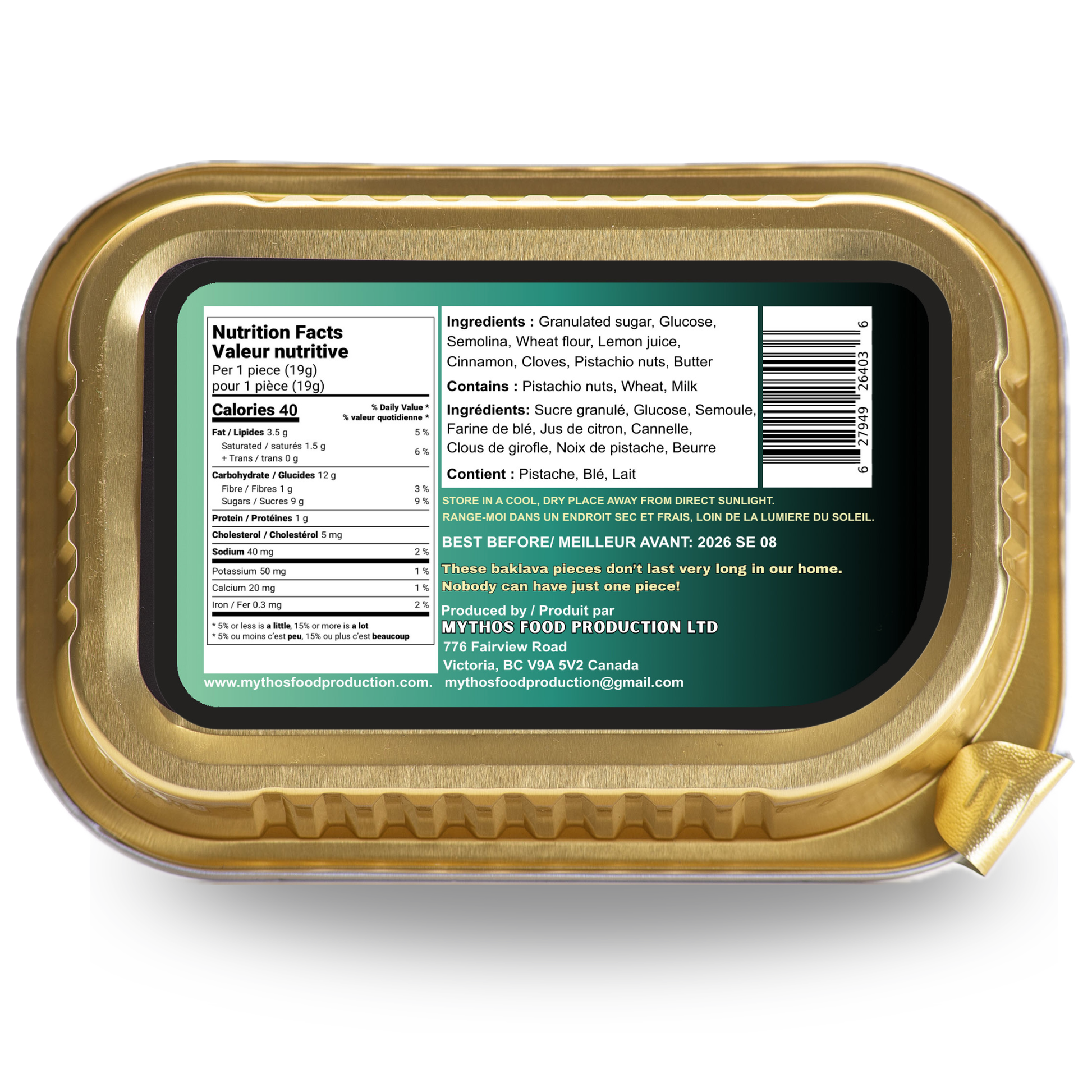 Gold lid of a food product with nutrition facts and ingredients label. Mythos Food Production baklava