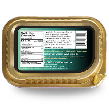 Gold lid of a food product with nutrition facts and ingredients label. Mythos Food Production baklava