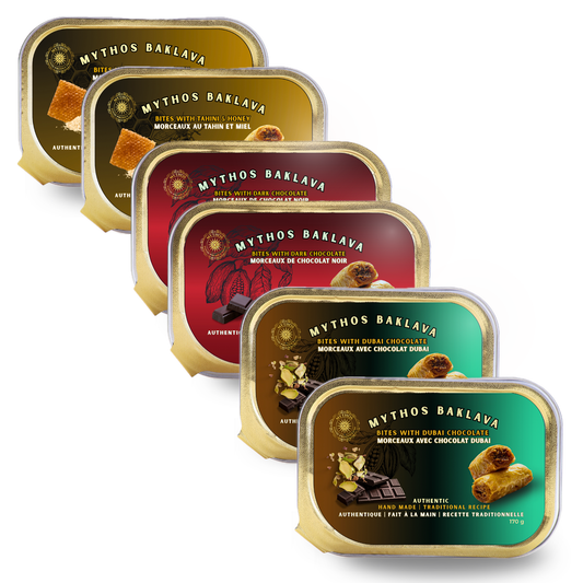 Multiple tins of Mythos Baklava on a white background. Made in Canada